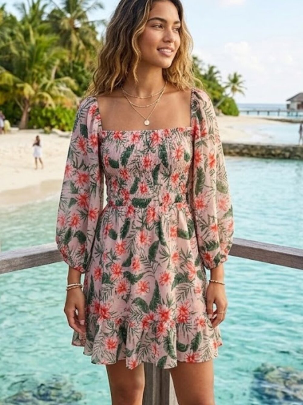 Express Medium Mini Dress Bishop Sleeve Smocked Tropical Travel Vacation AOP